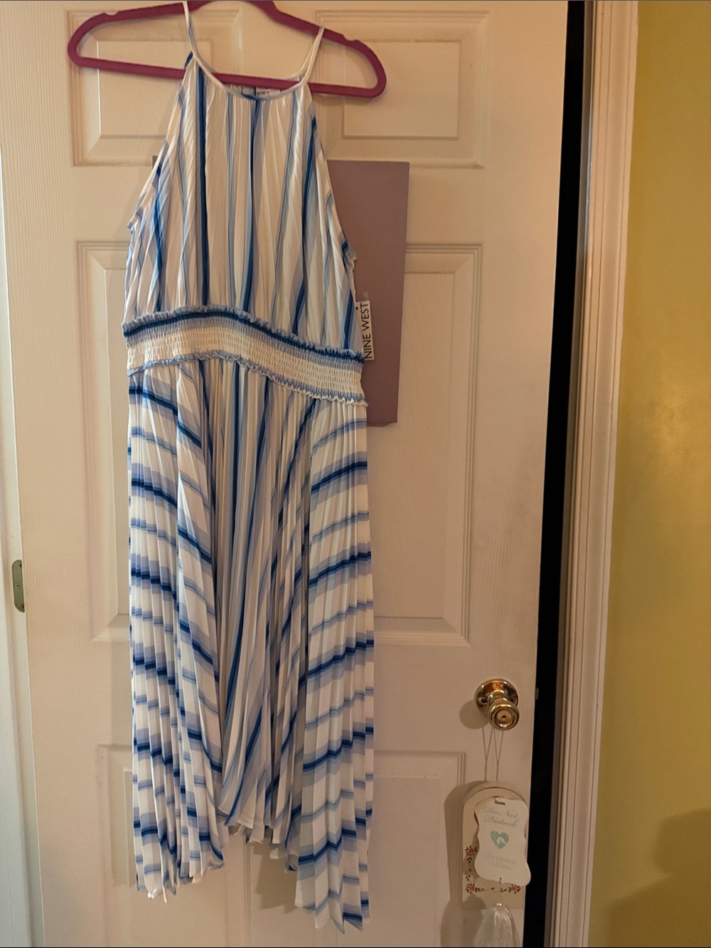 Nine West White and Blue Striped Sleeveless Midi Dress